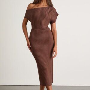 Lulus Brady Brown Ribbed Off-the-shoulder Sweater Midi Dress - Size XS